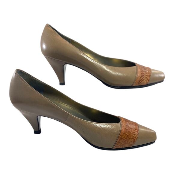 Yves Saint Laurent Vintage Leather Kitten Heel Taupe Snake Inlay Size 6 Heels - Picture 5 of 13